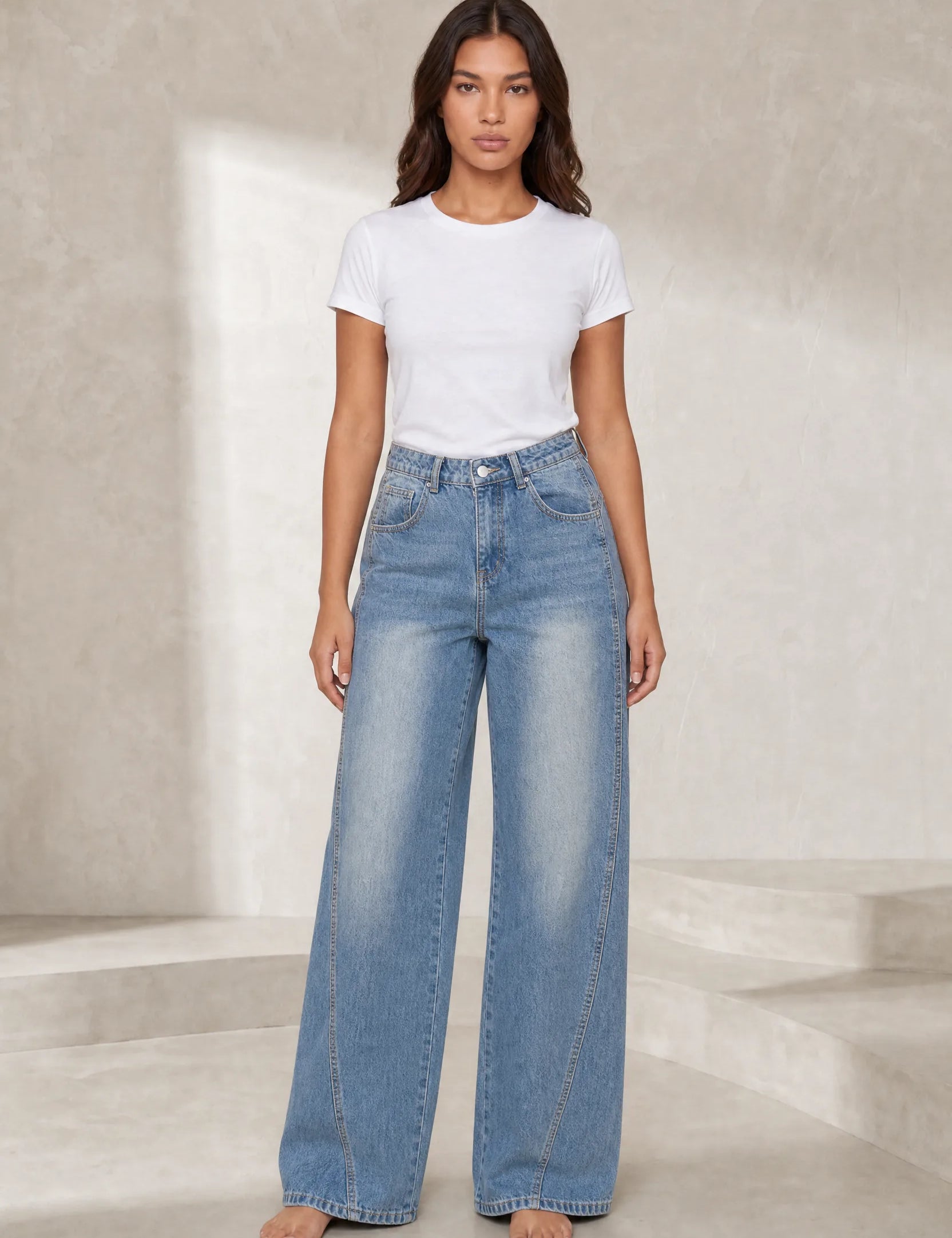 Jean bleu coupe ample taille mi-haute | Lounelle Paris
