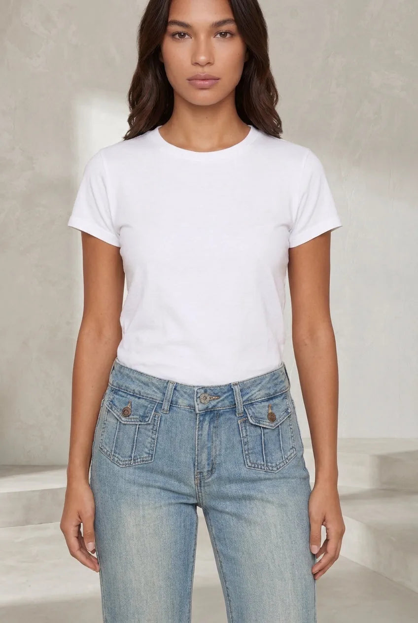 Jean bleu délavé taille basse évasé | Lounelle Paris