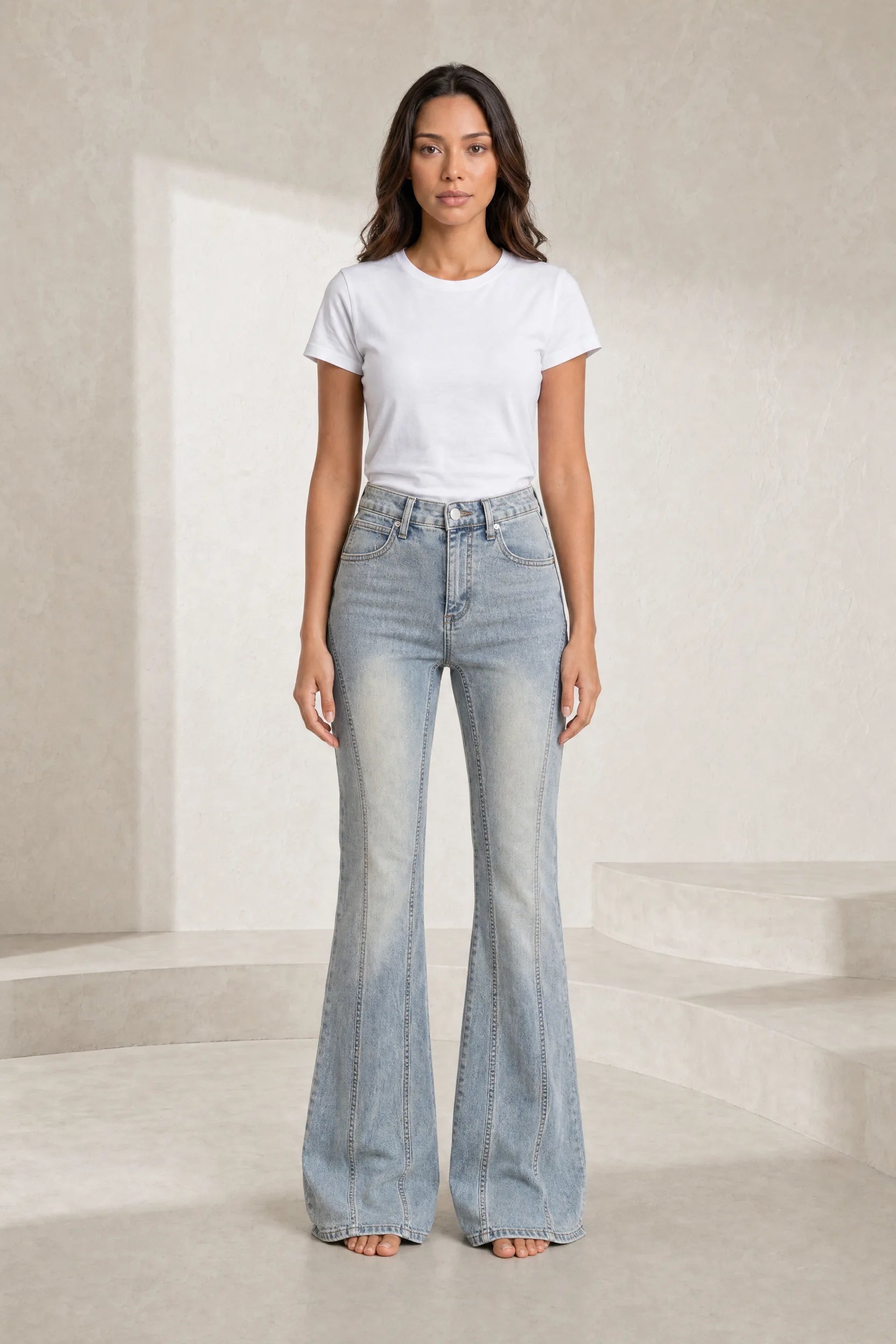 Jean bleu délavé taille haute évasé | Lounelle Paris