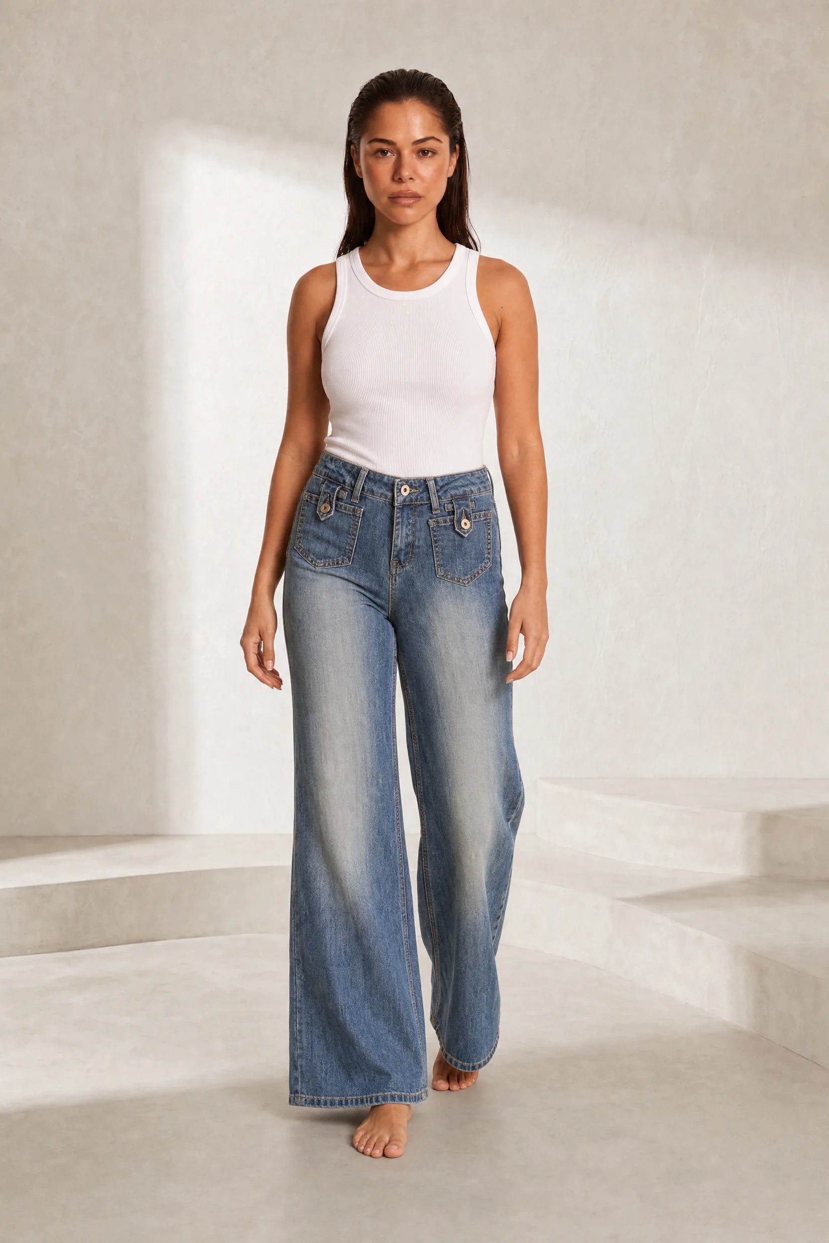 Jean bleu taille haute évasé | Lounelle Paris