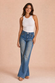 Jean bleu taille haute évasé | Vue en mouvement | Lounelle Paris