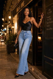 Jean bleu taille haute évasé | Deuxième photo lifestyle | Lounelle Paris