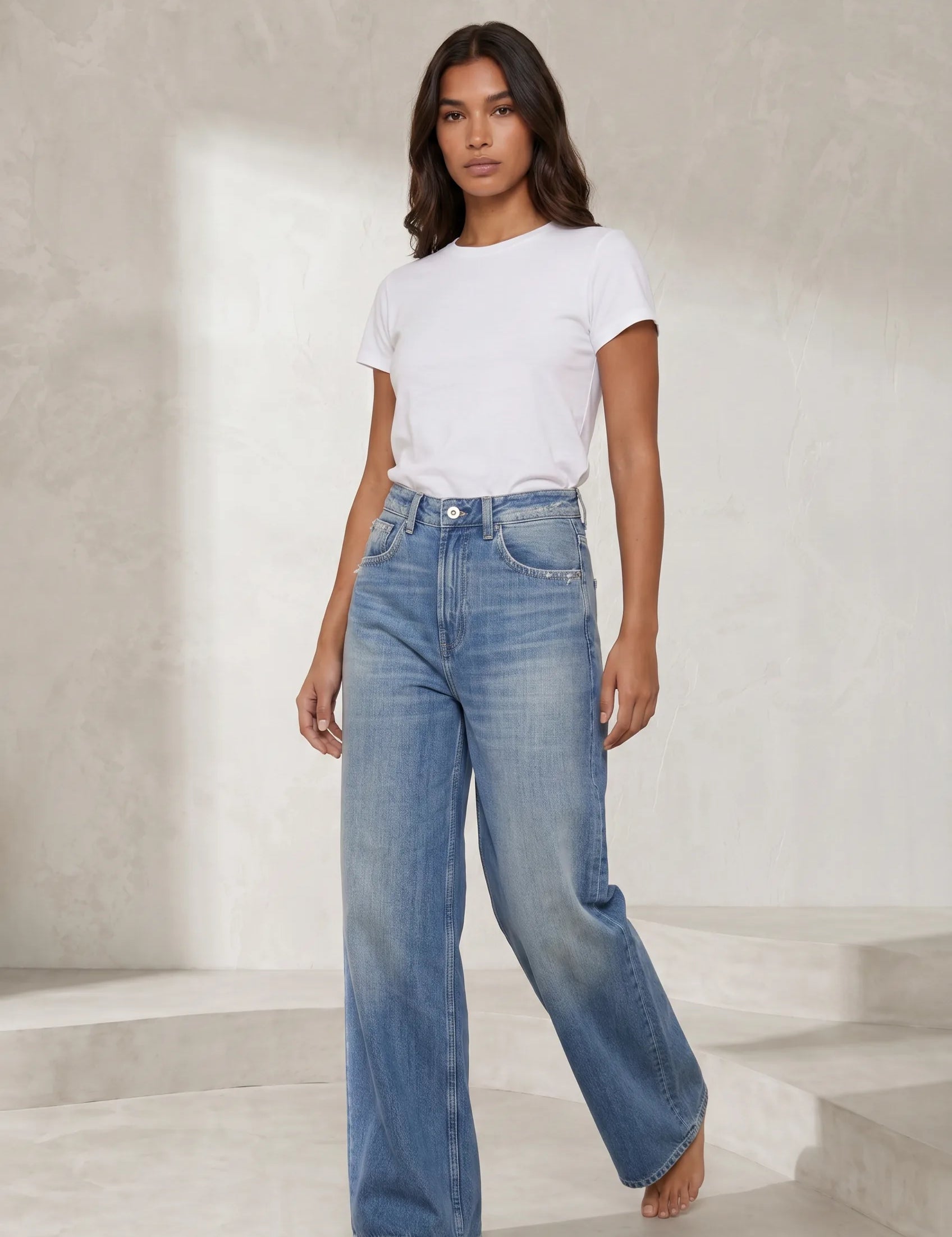 Jean bleu taille haute jambe large | Lounelle Paris