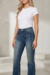Jean flare bleu foncé taille mi-haute | Lounelle Paris