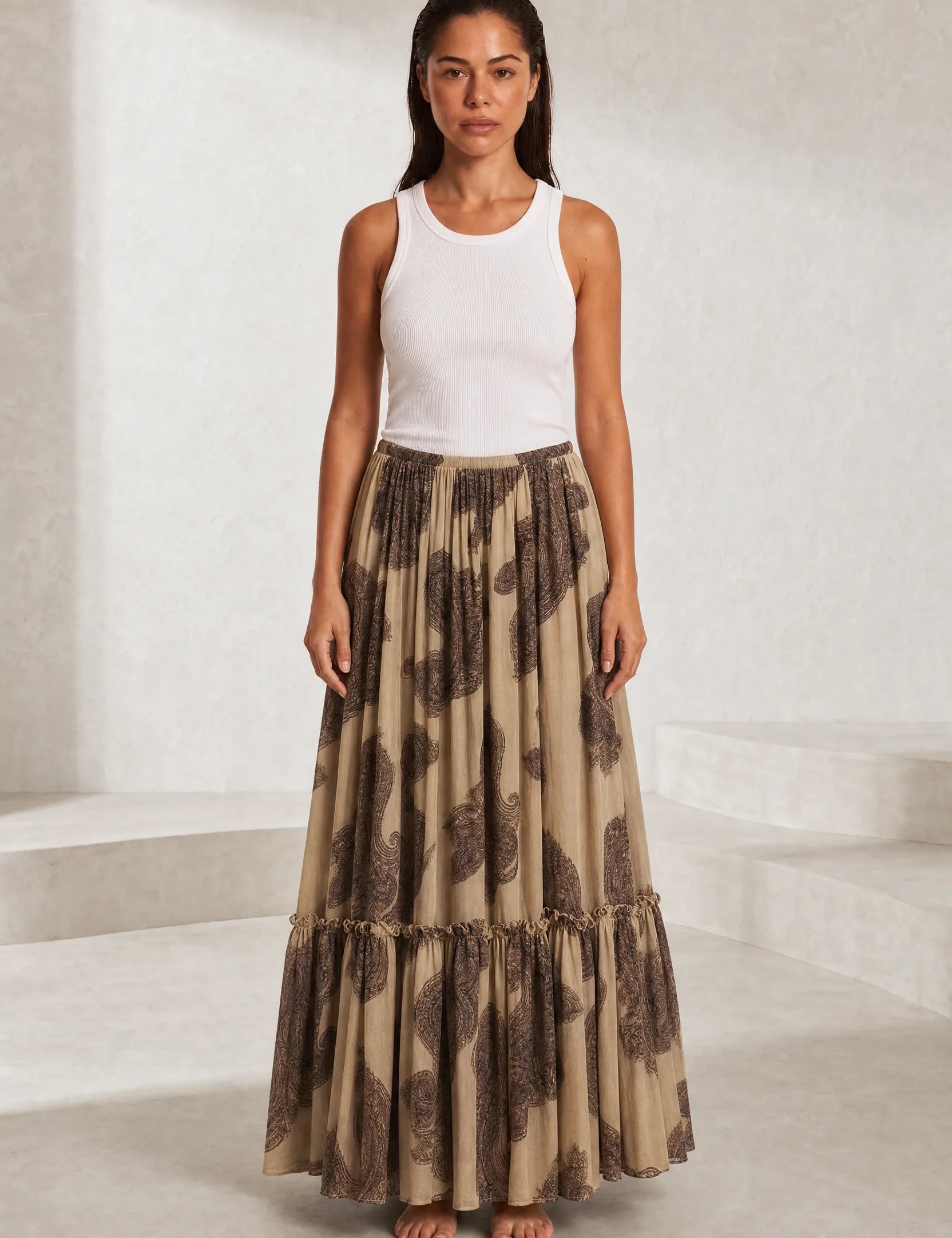 Jupe longue beige à imprimé floral | Lounelle Paris
