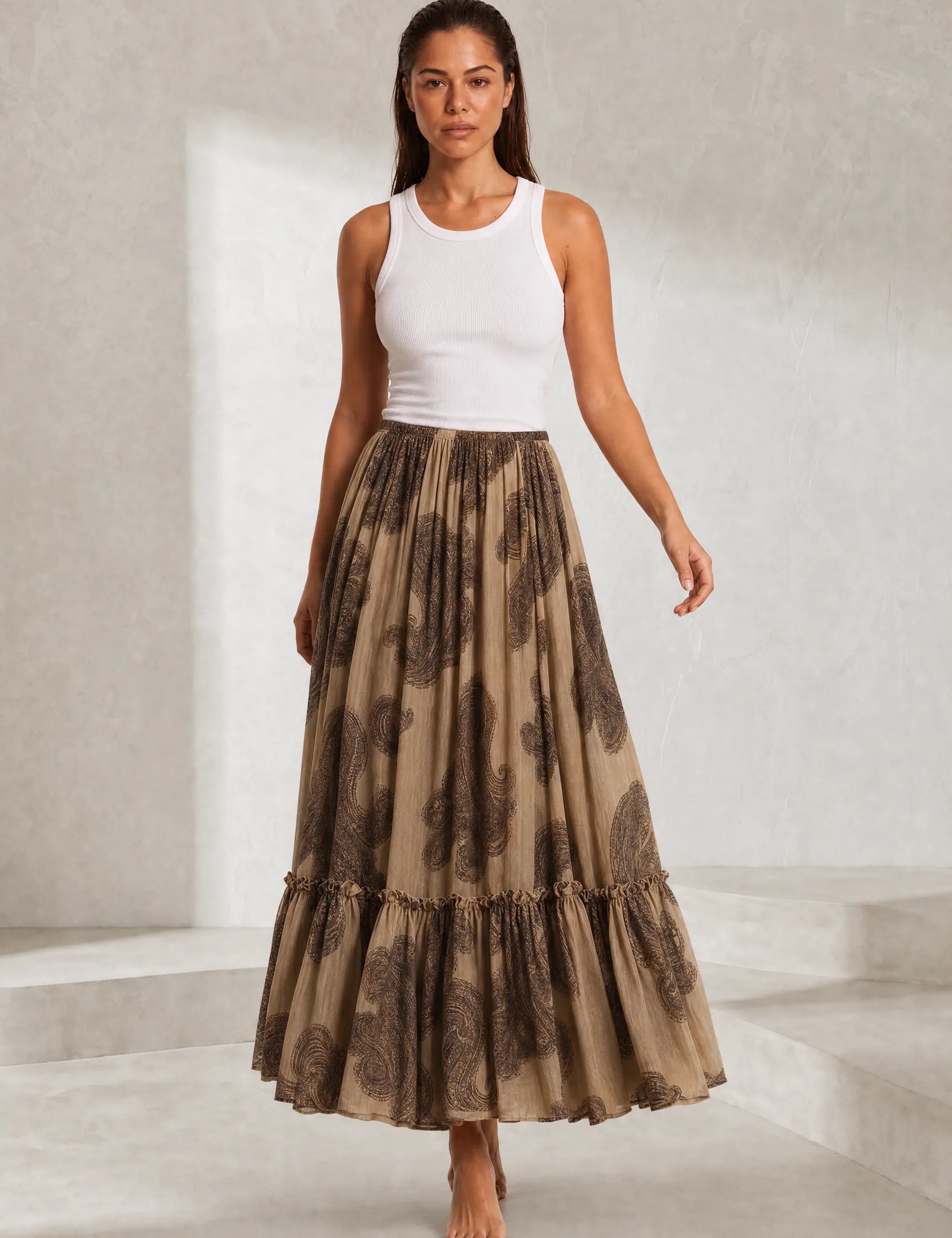 Jupe longue beige à imprimé floral | Lounelle Paris