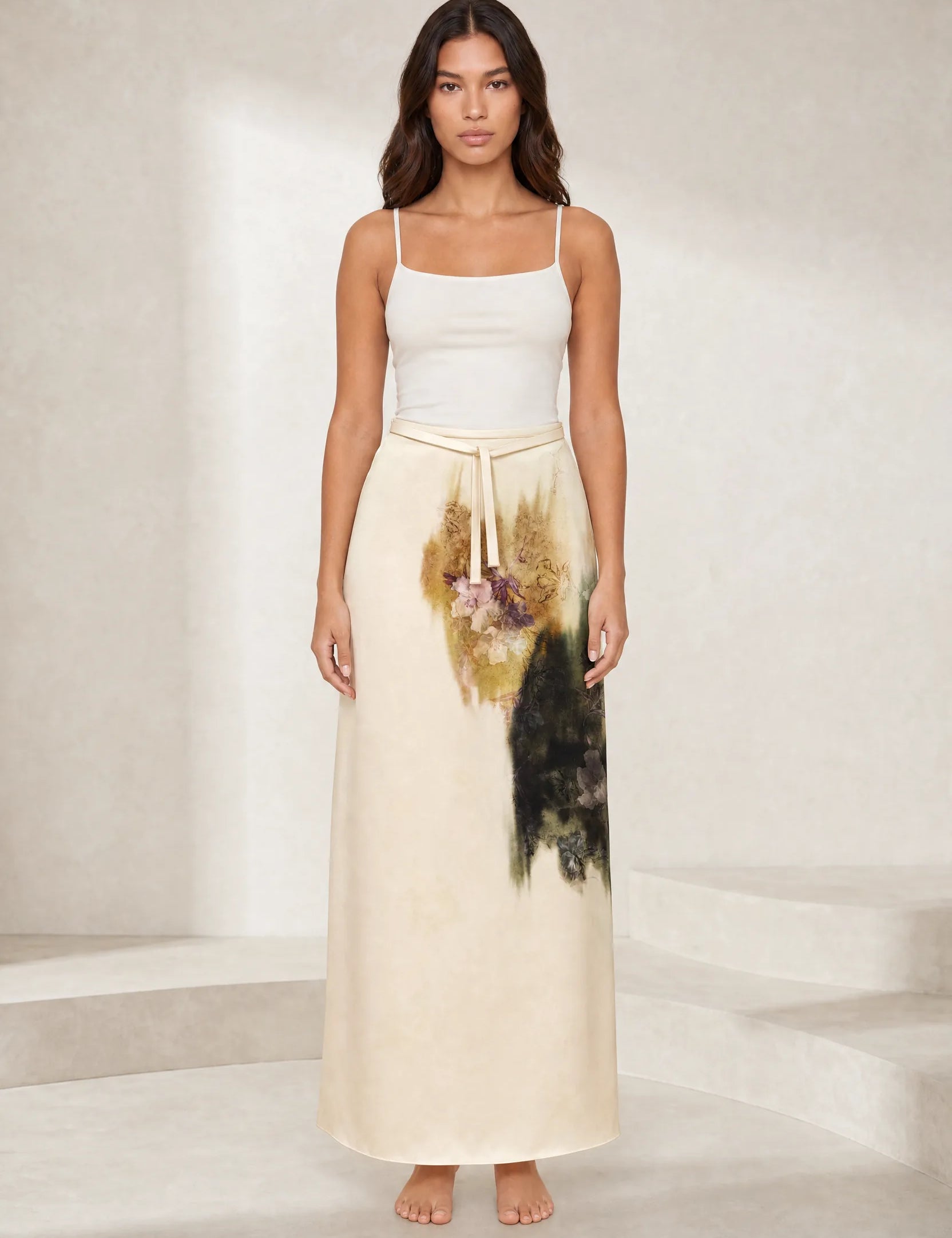 Jupe longue beige imprimé floral | Lounelle Paris