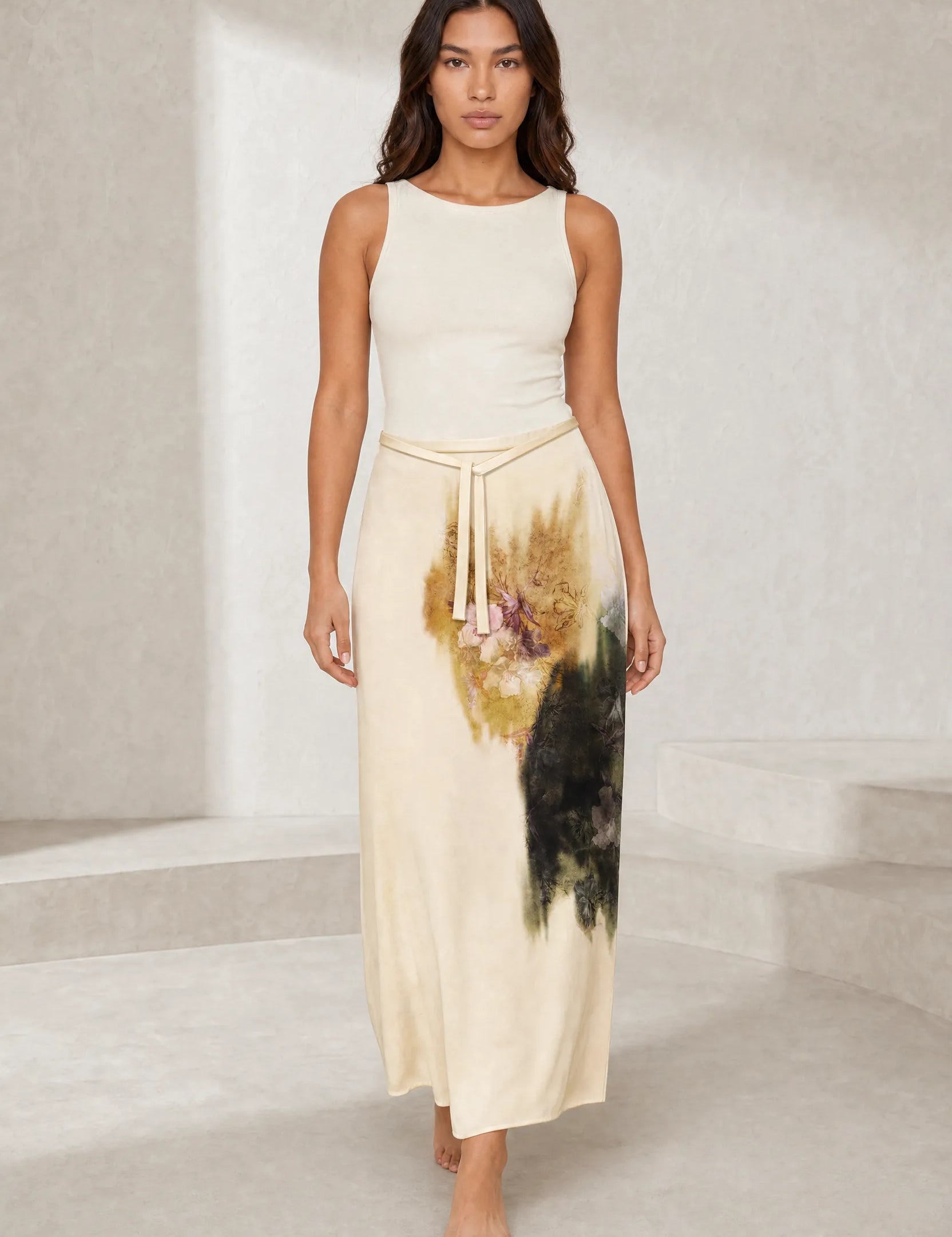 Jupe longue beige imprimé floral | Lounelle Paris