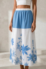 Jupe longue bleue fluide imprimée | Lounelle Paris