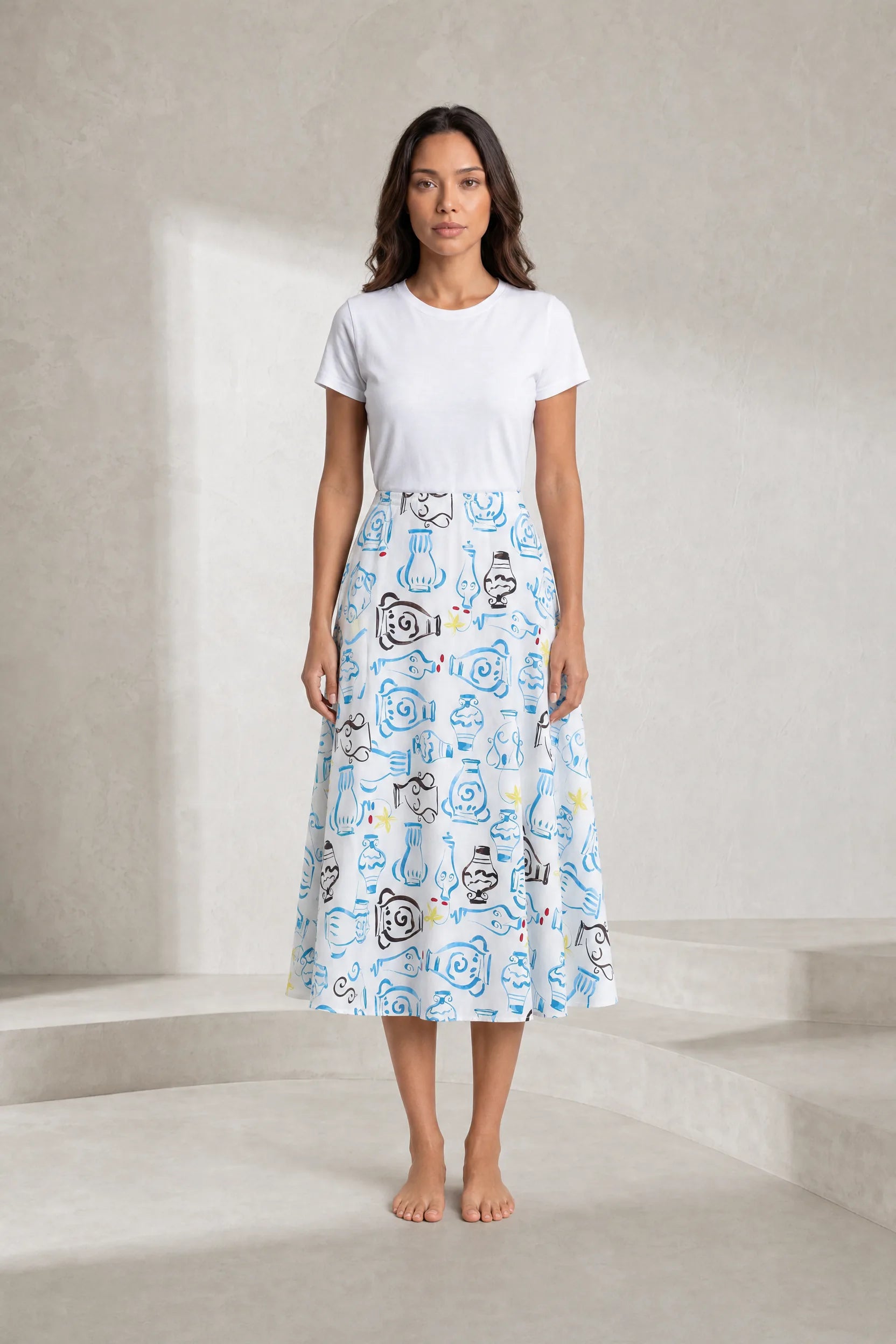 Jupe midi blanche fluide imprimée | Lounelle Paris