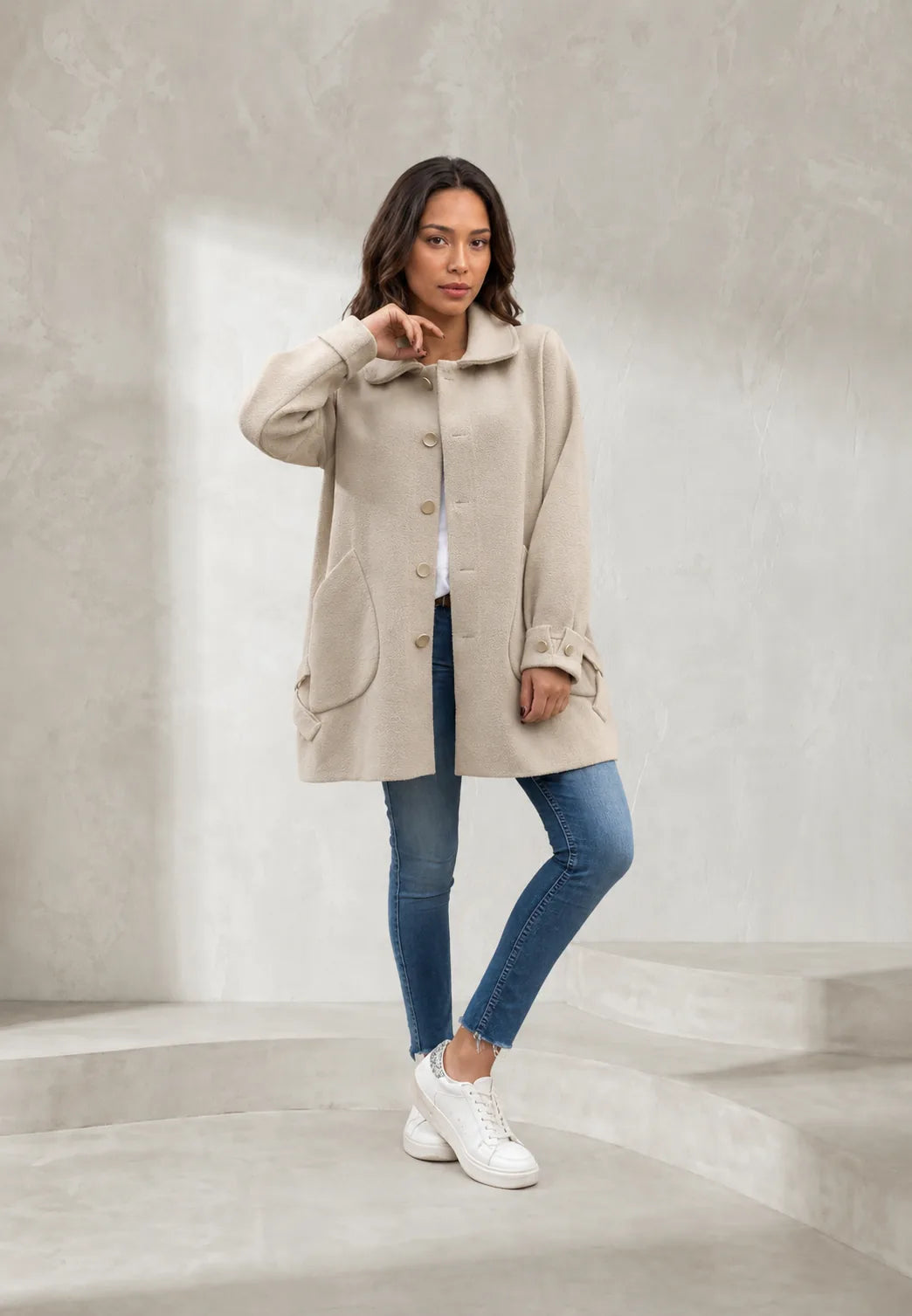 Manteau beige ample col à revers | Lounelle Paris