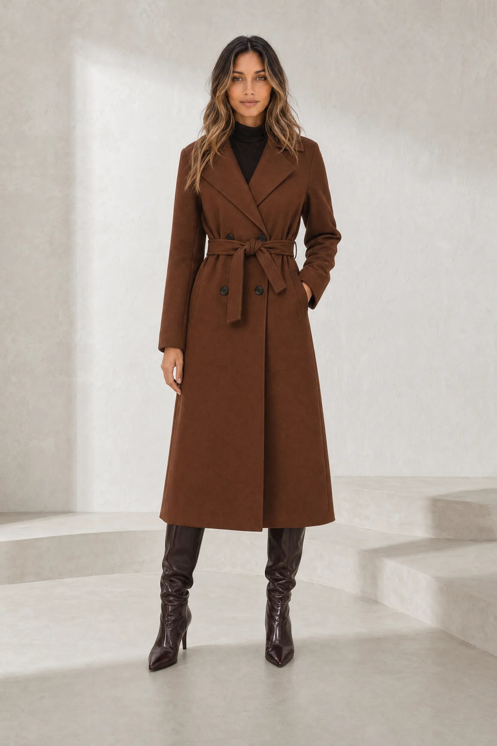 Manteau long marron ceinturé | Lounelle Paris