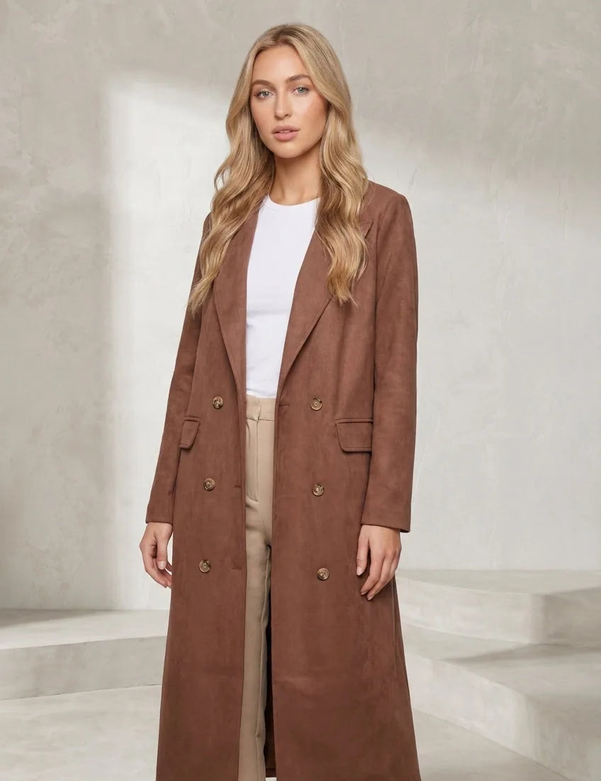 Manteau long marron effet suédine | Lounelle Paris