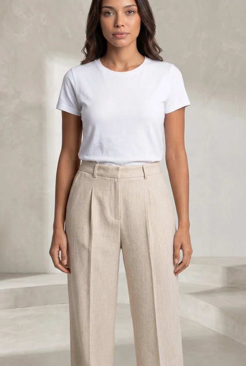 Pantalon beige coupe droite plissé | Lounelle Paris
