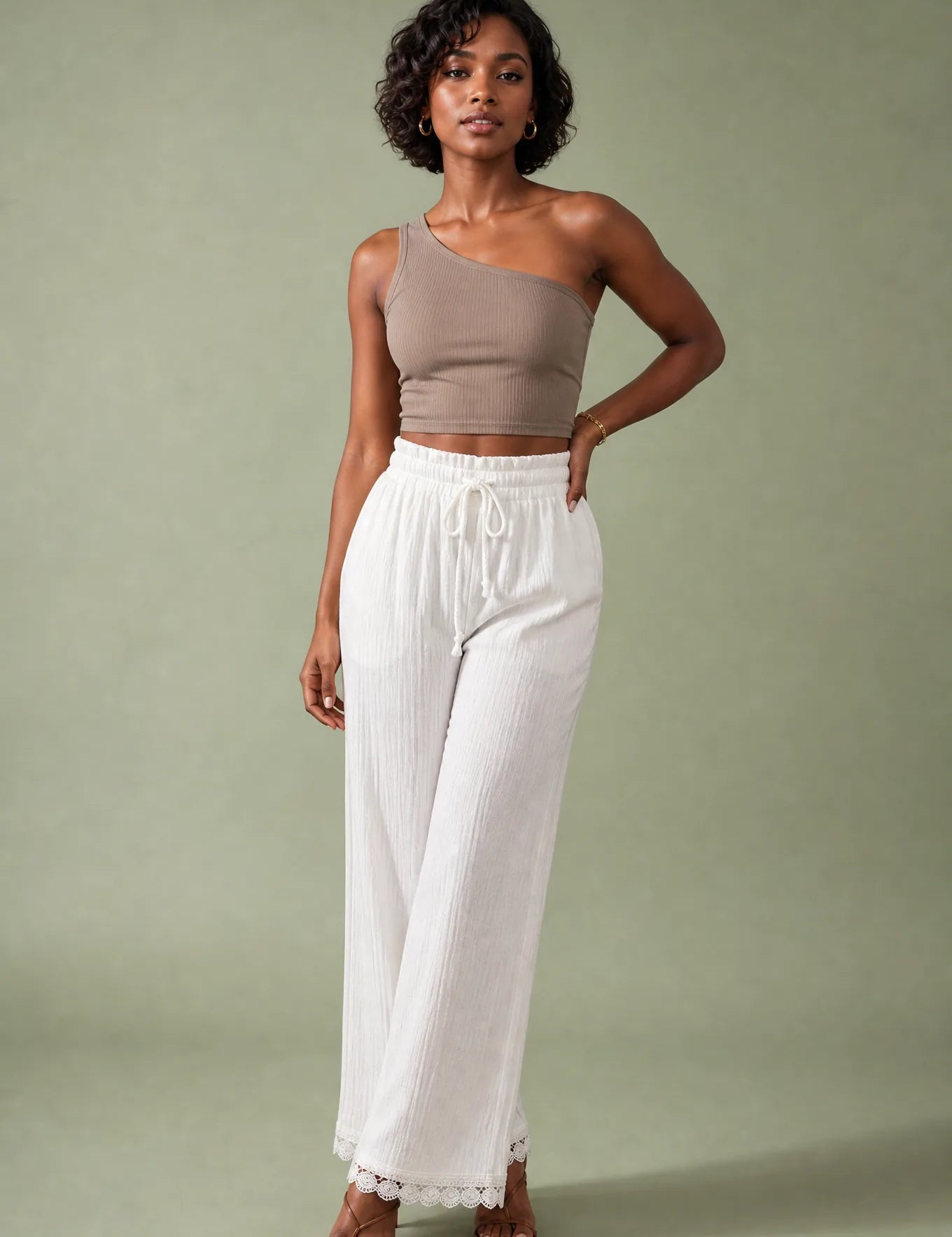 Pantalon blanc ample taille haute | Vue de face | Lounelle Paris
