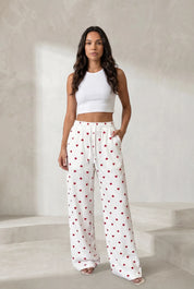 Pantalon blanc taille haute imprimé cœurs | Lounelle Paris