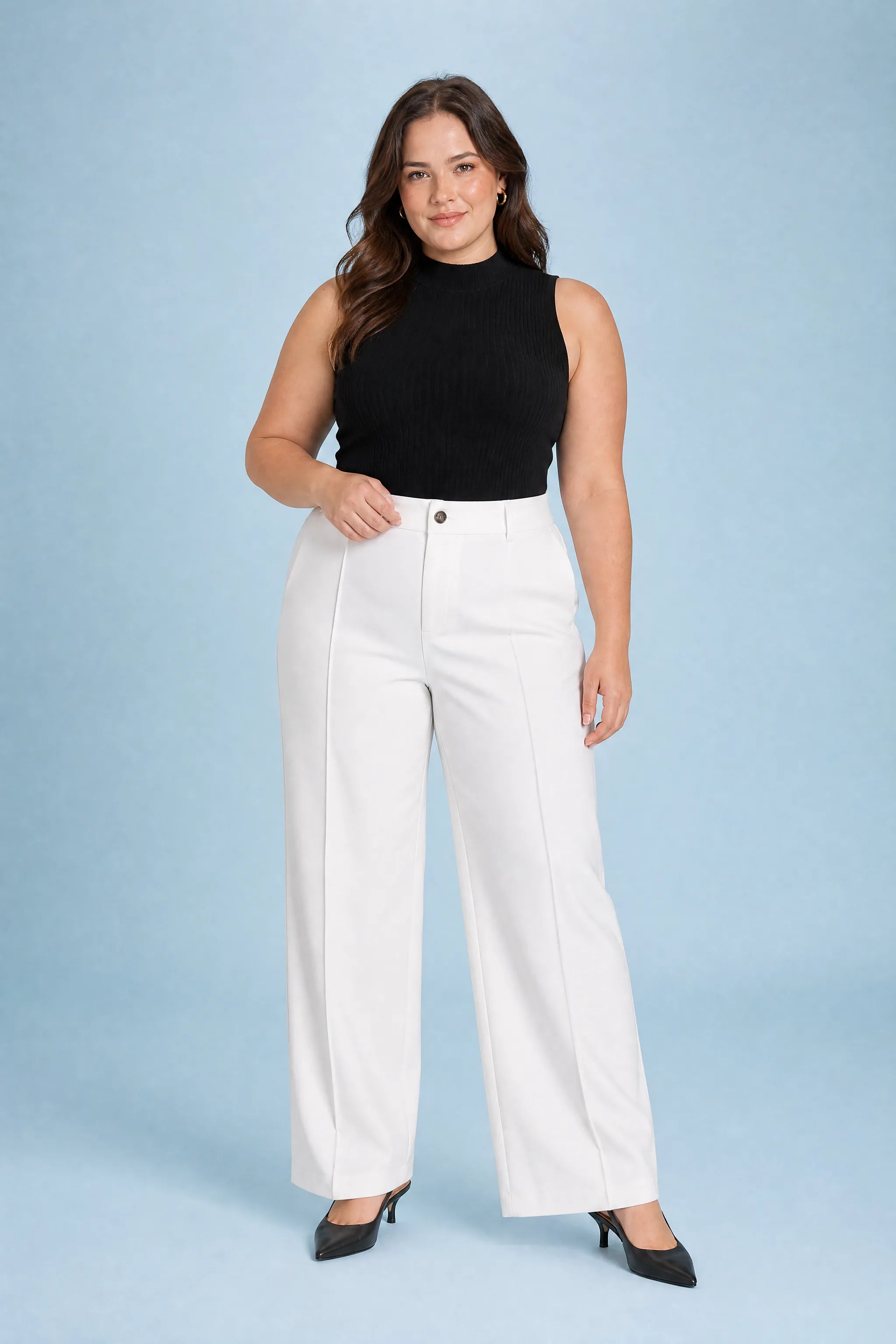 Pantalon de tailleur fluide taille haute | Porté sur une silhouette plus ronde | Lounelle Paris