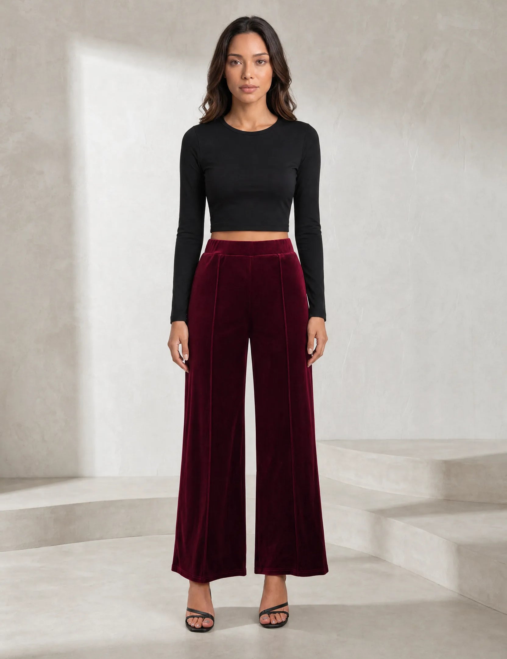 Pantalon large bordeaux taille haute en velours | Lounelle Paris
