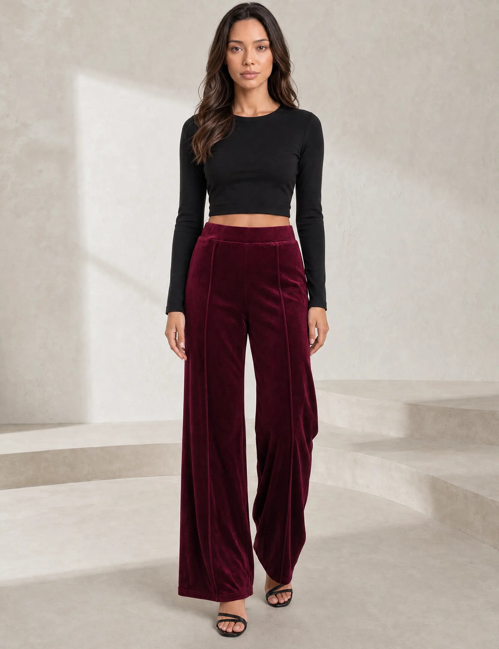 Pantalon large bordeaux taille haute en velours | Lounelle Paris