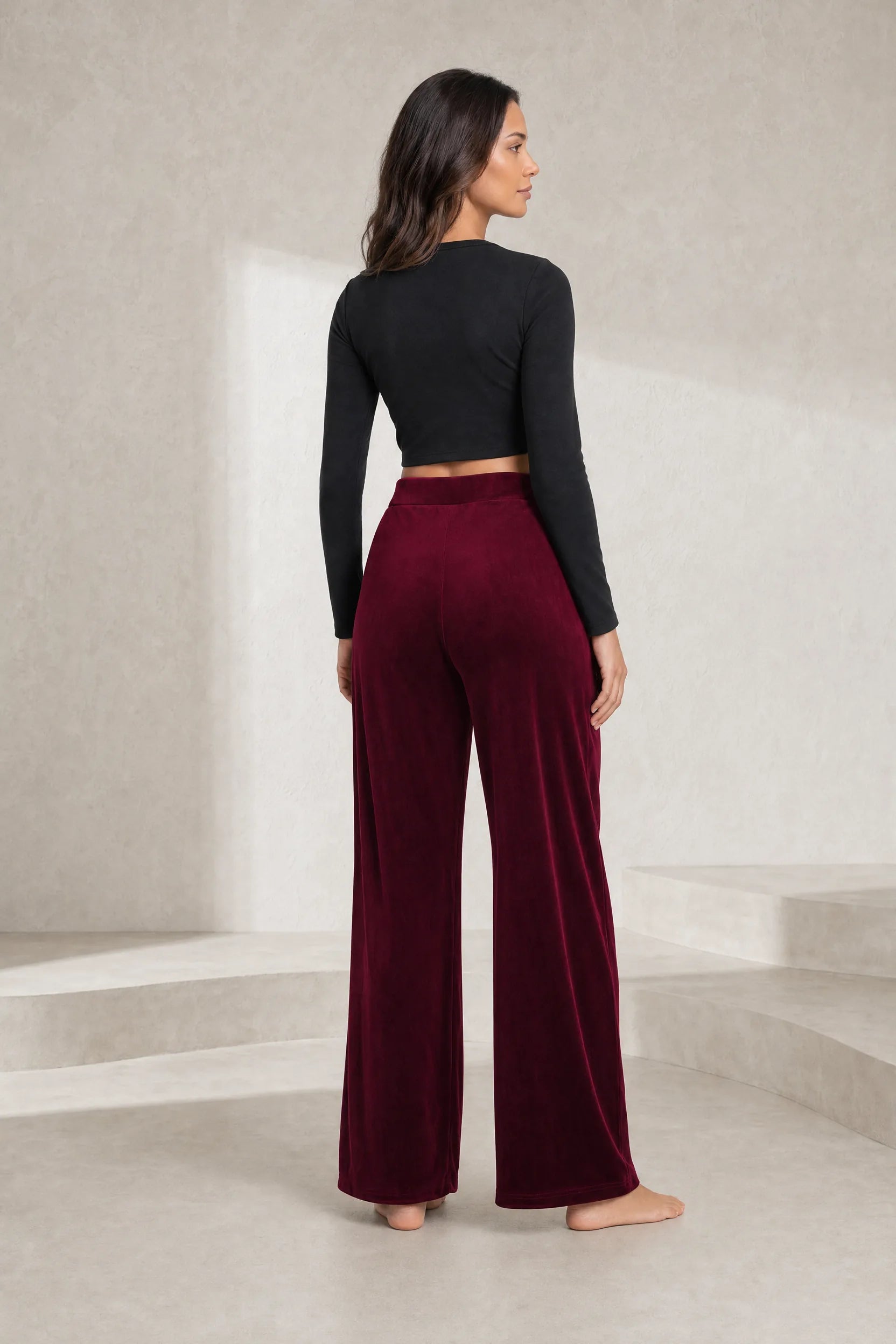 Pantalon large bordeaux taille haute en velours | Lounelle Paris