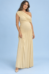 Beiges Umstands-Maxikleid mit asymmetrischem Ausschnitt und tief angesetzter Taille