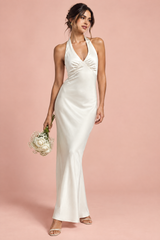 Off-White-Maxikleid mit Raffungen und V-Ausschnitt