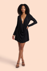 Schwarzes Mesh-Minikleid mit Wasserfallausschnitt