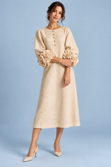 A-Linien-Midikleid in Beige mit Puffärmeln