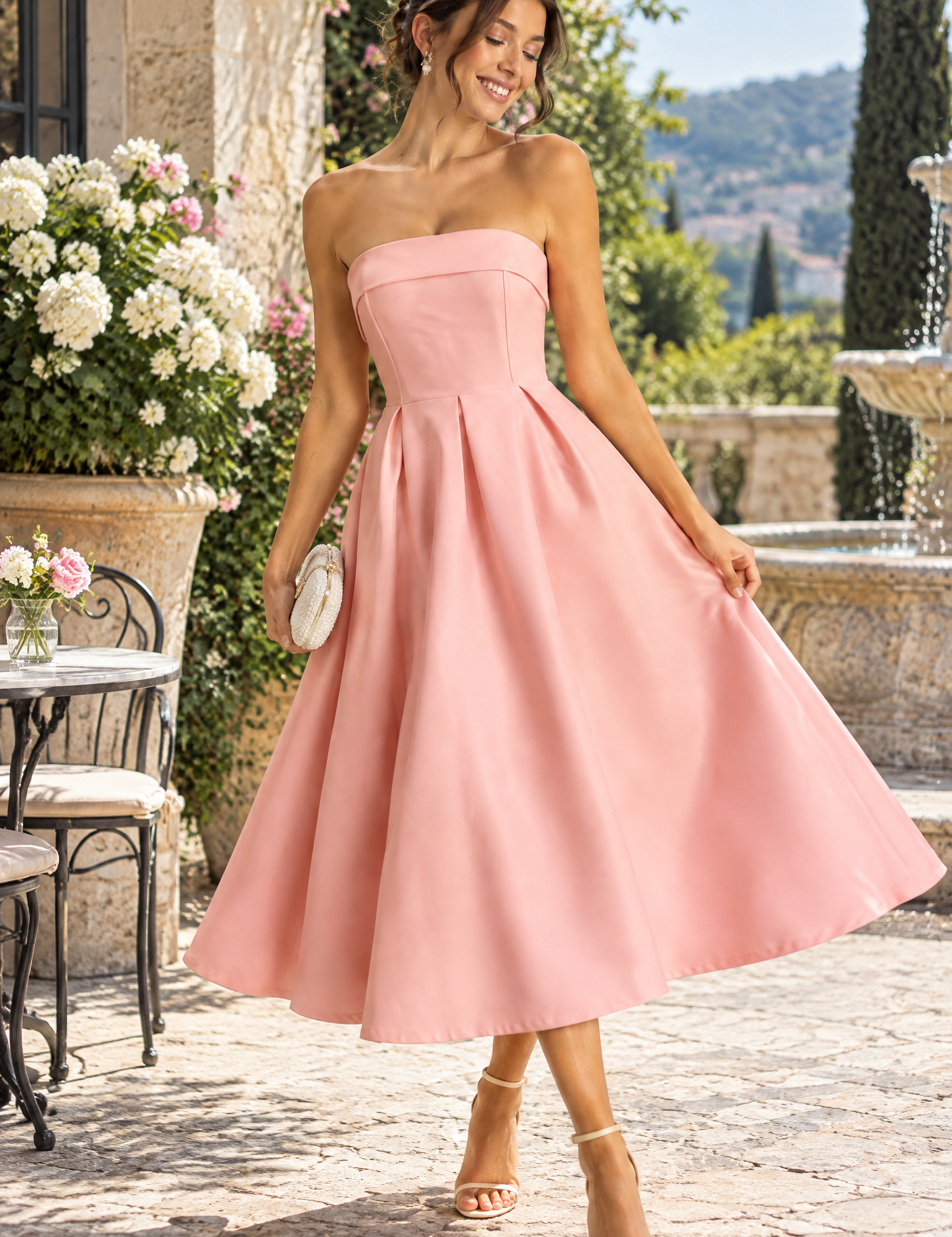Robe midi patineuse bustier rose | Photo lifestyle | Lounelle Paris