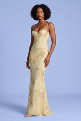 Gelbes Maxikleid mit Blumenstickerei