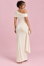 Robe midi asymétrique écrue drapée | Vue de dos | Lounelle Paris