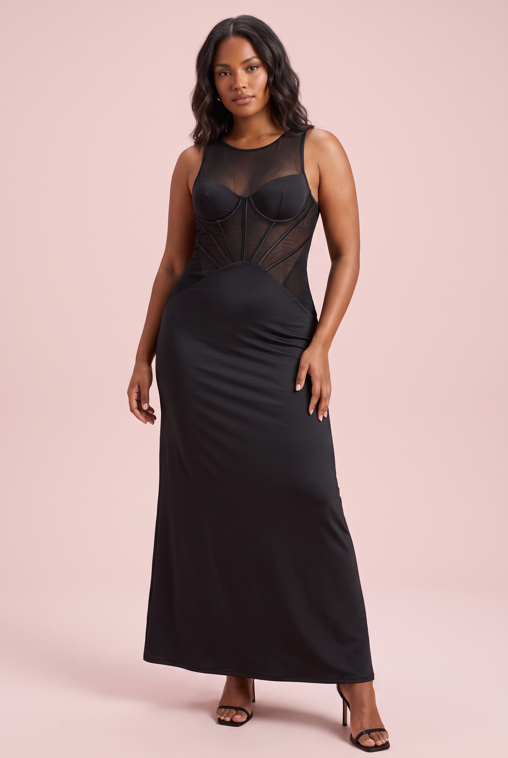Robe bustier noire à empiècements en résille | Vue de face | Lounelle Paris