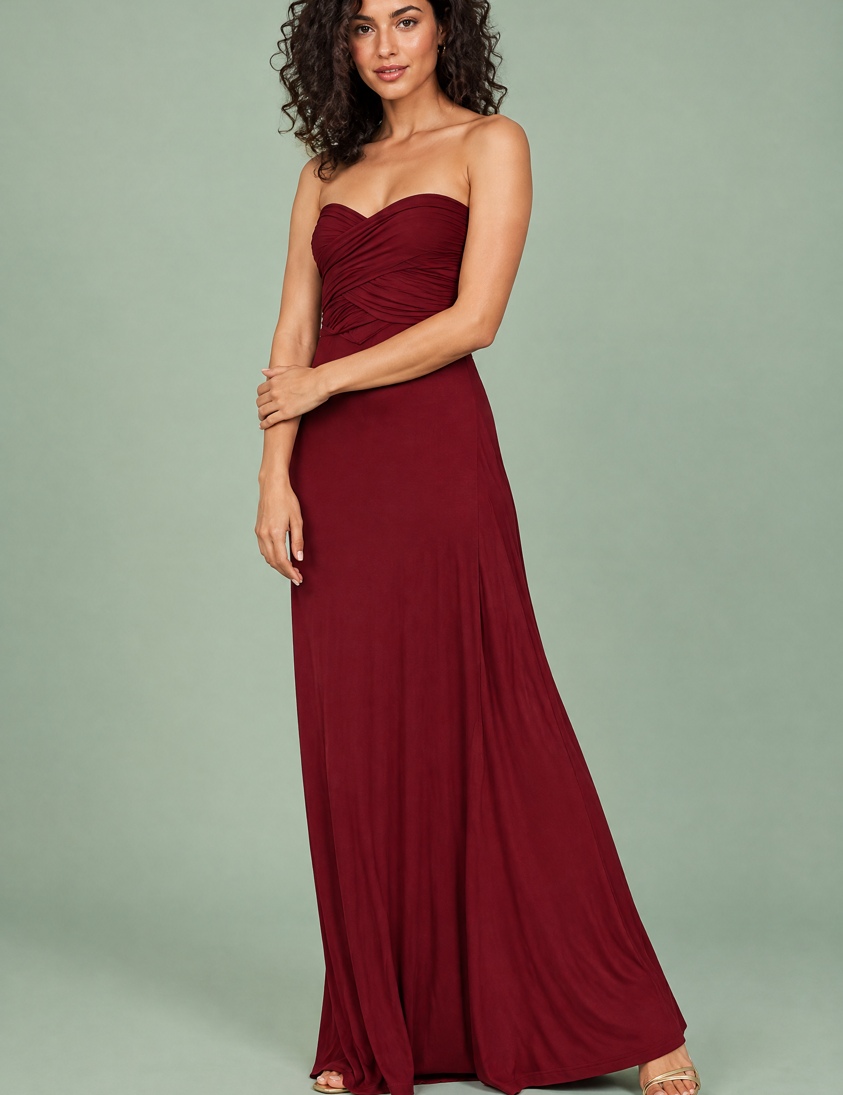 Robe longue portefeuille bordeaux à col américain avec détail doré | Vue de face | Lounelle Paris