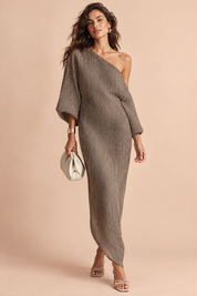 Robe asymétrique marron à épaule dénudée | Vue de face | Lounelle Paris