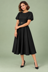 Schwarzes hochgeschlossenes Midikleid mit Puffärmeln