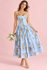 Blaues Maxikleid mit Korsett-Oberteil