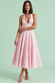 Robe midi jacquard à encolure dos nu rose | Vue de face | Lounelle Paris