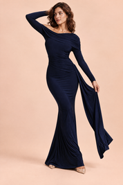 Robe longue bleue asymétrique à fronces et drapé | Vue en mouvement | Lounelle Paris