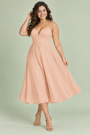Robe midi beige à fines bretelles et jupe ample | Porté sur une autre silhouette | Lounelle Paris