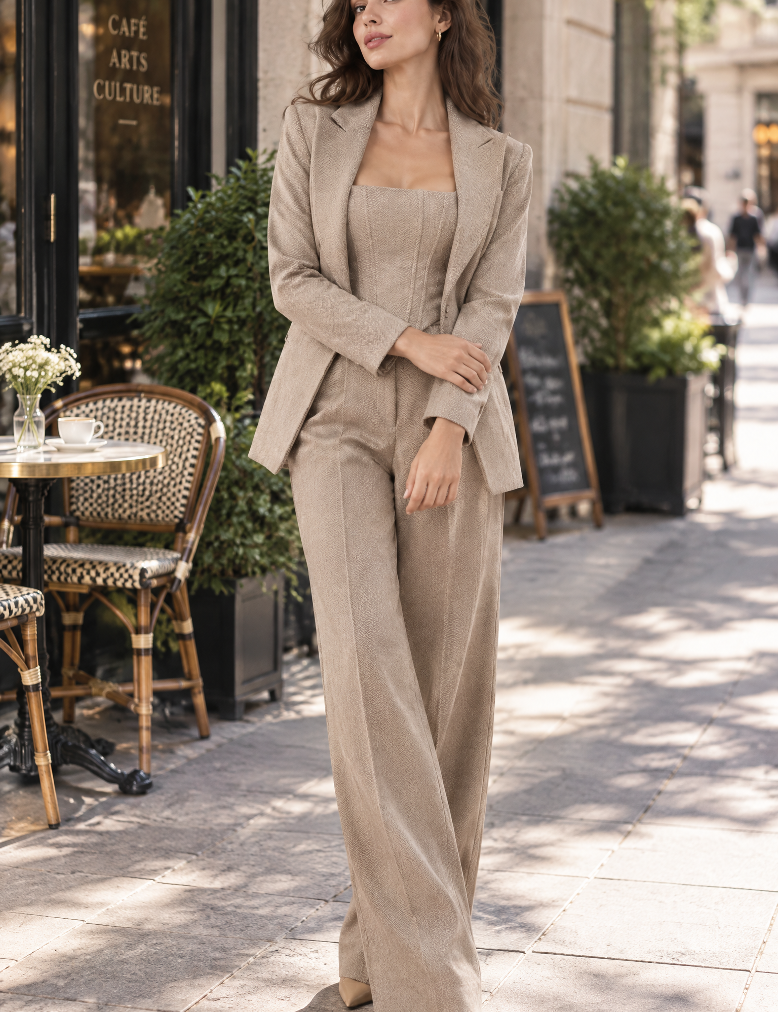 Ensemble tailleur trois pièces kaki à corset | Photo lifestyle | Lounelle Paris