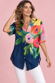 Chemise longue fleurie à col – Bleu marine | Vue de face | Lounelle Paris