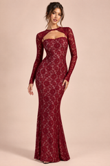 Bordeauxfarbenes Spitzen-Maxikleid mit Herzausschnitt