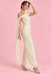 Robe longue moulante froncée asymétrique écrue | Vue de dos | Lounelle Paris