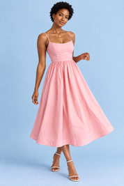 Robe midi rose plissée évasée | Vue en mouvement | Lounelle Paris