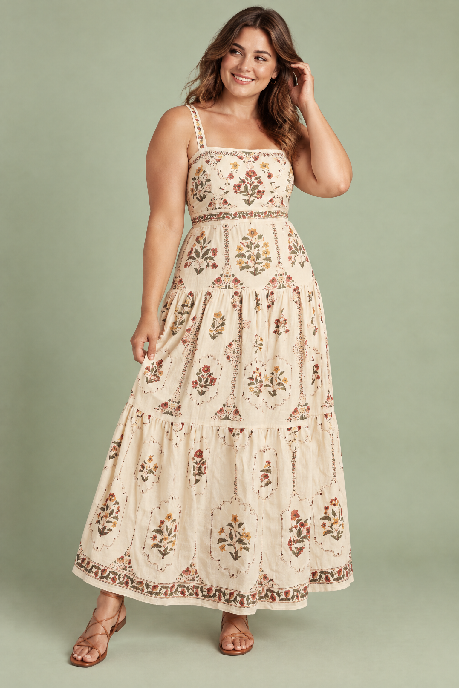 Robe longue écrue fleurie à volants | Porté sur une silhouette plus ronde | Lounelle Paris