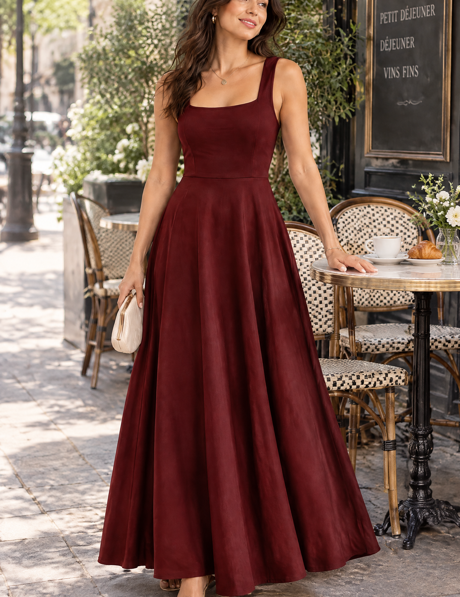 Robe midi bordeaux à encolure cœur | Photo lifestyle | Lounelle Paris