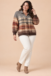 Gilet marron à carreaux avec col | Porté sur une silhouette plus ronde | Lounelle Paris