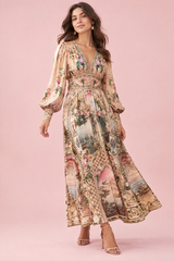 Beiges Maxikleid mit V-Ausschnitt und Puffärmeln
