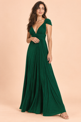 Grünes Neckholder-Wickel-Maxikleid mit goldfarbenem Detail