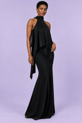 Schwarzes Maxikleid mit Neckholder und Drapierung
